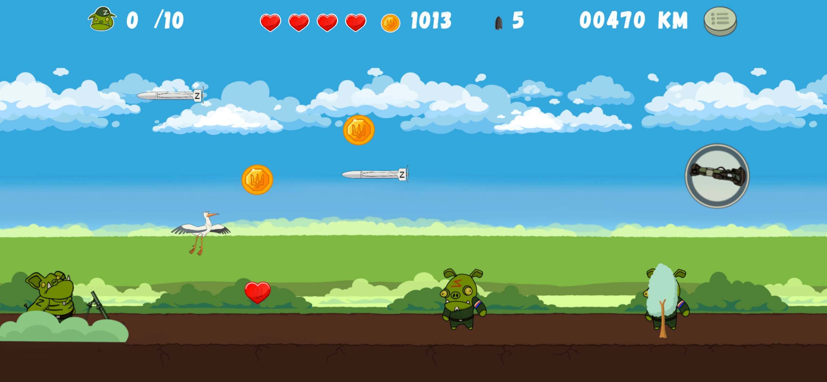 Ukrainian Birds gameplay: Stork flying low over green hills, engaging targets